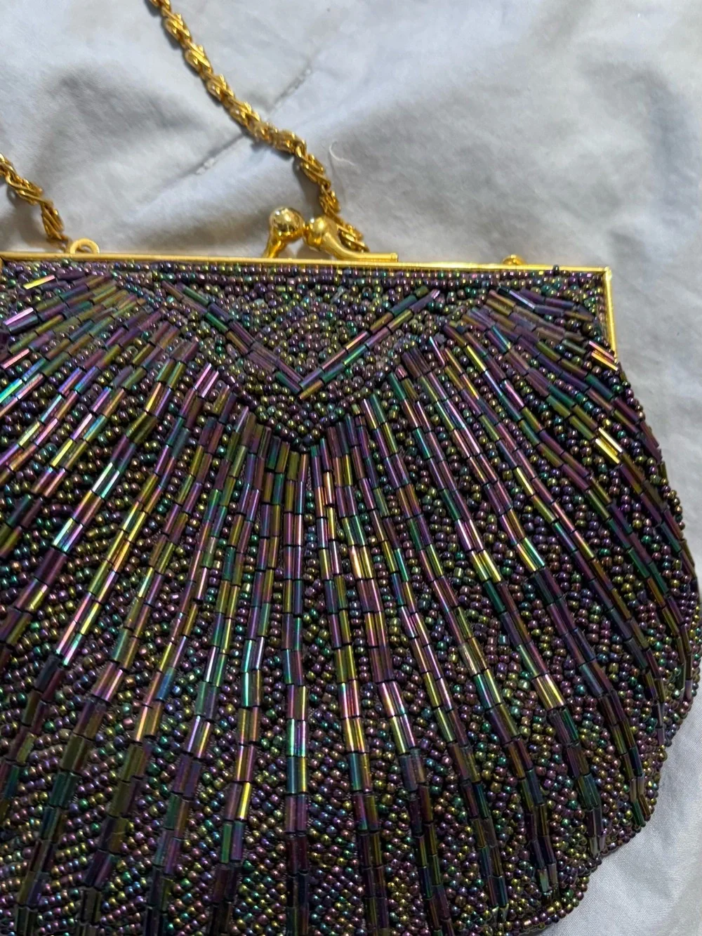 Valerie Stevens Iridescent Purple Beaded Clutch with Gold Chain